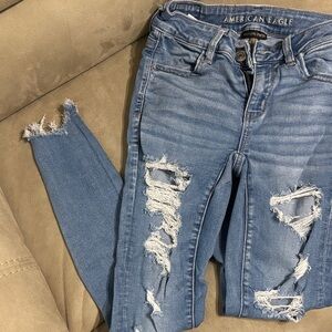 American Eagle Outfitters Women's Light Blue Ripped Skinny Jeans